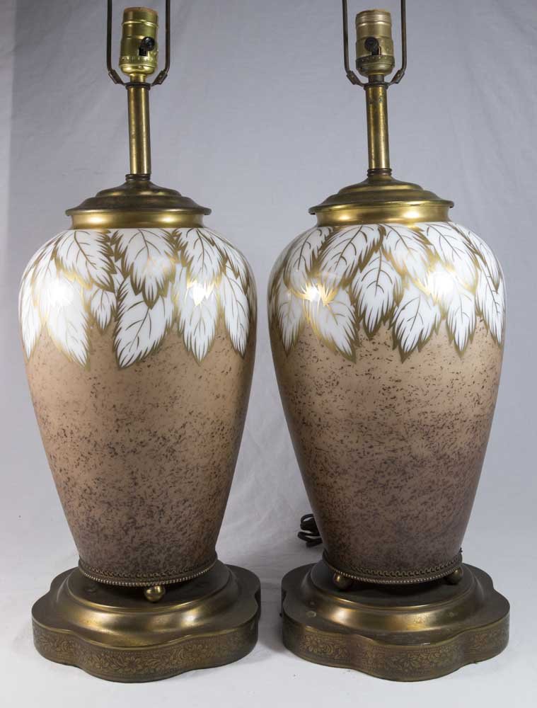 Pair American Gilt Milk Glass Lamps (1 of 1)