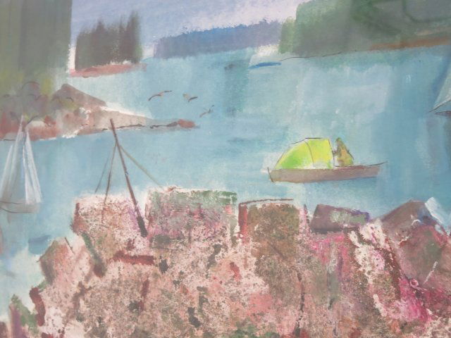 Walter Reinsel, "Sea Wall": Mixed media and watercolor on canvas. Abstract landscape. Framed. Signed lower right and labeled on rear. Walter Reinsel, American (1905-1979). Approx. 21" H x 29" W unframed, 30" H x 38" W framed. Pr