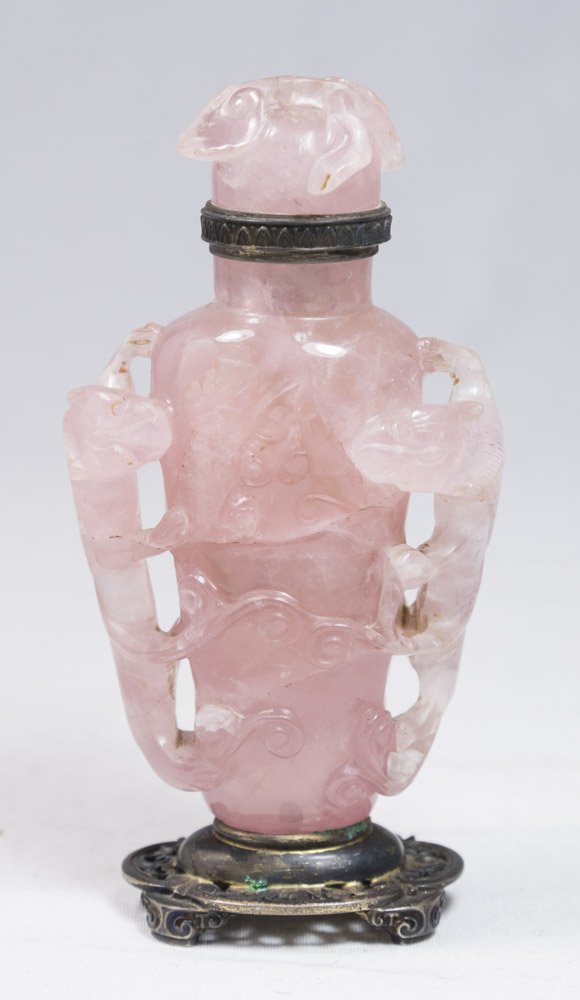 Rose Quartz Snuff Bottle with Silver Base & Rim (1 of 3)
