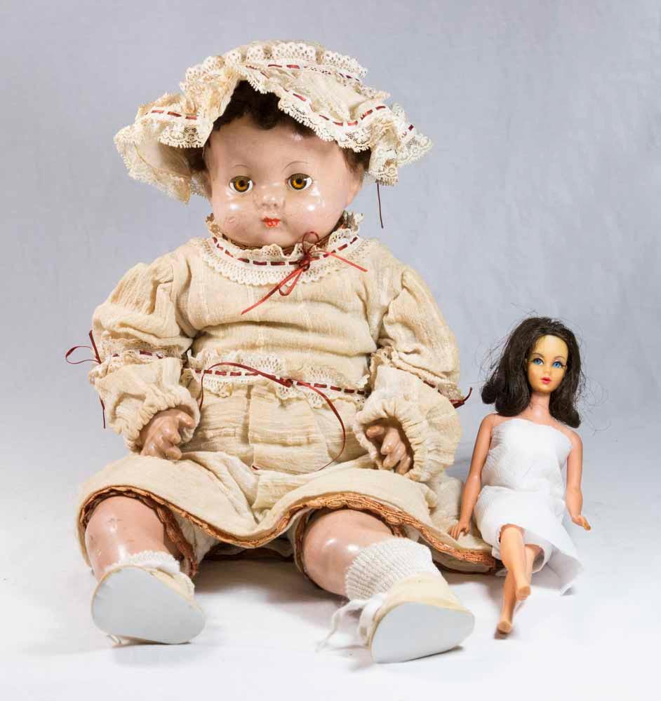 Twist 'N Turn Francie & Effanbee Composition Doll: 1966 Twist 'N Turn bendable knee Francie, Mattel, made in Japan. Francie doll shows wear consistent with use and age. Effanbee doll surface cracking up.