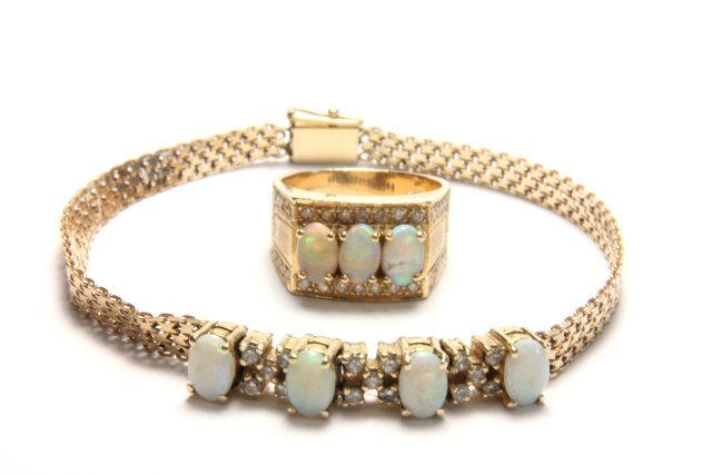14K Yellow Gold Opal & Diamond Bracelet & Ring (1 of 8)