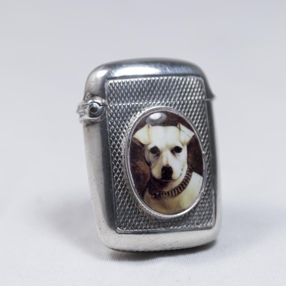 Sterling Silver Vesta Case with Enamel Dog (1 of 2)