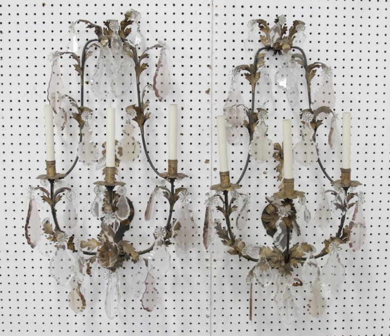 Pair Gilded Tole & Iron 3-Arm Sconces: With hanging crystals. Approx. 24" H x 18" W.