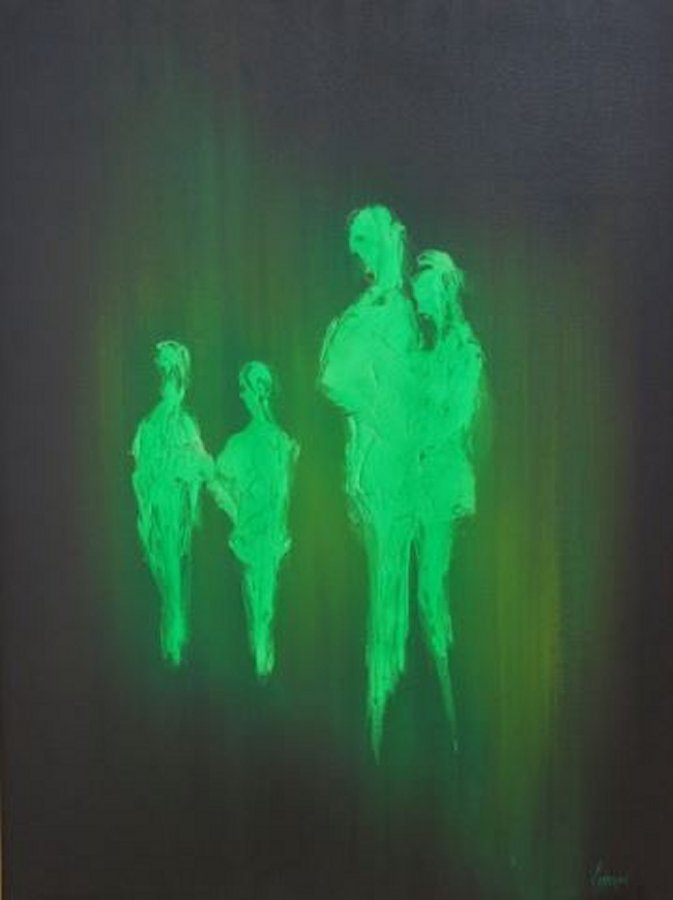 Attrib. to Cameron Jamie, Abstract Green Figures: Oil on canvas. Signed lower right, Cameron. Numbered on rear #24459. Approx. 40" H x 30" W unframed, 41 1/4" H x 31" W framed.
