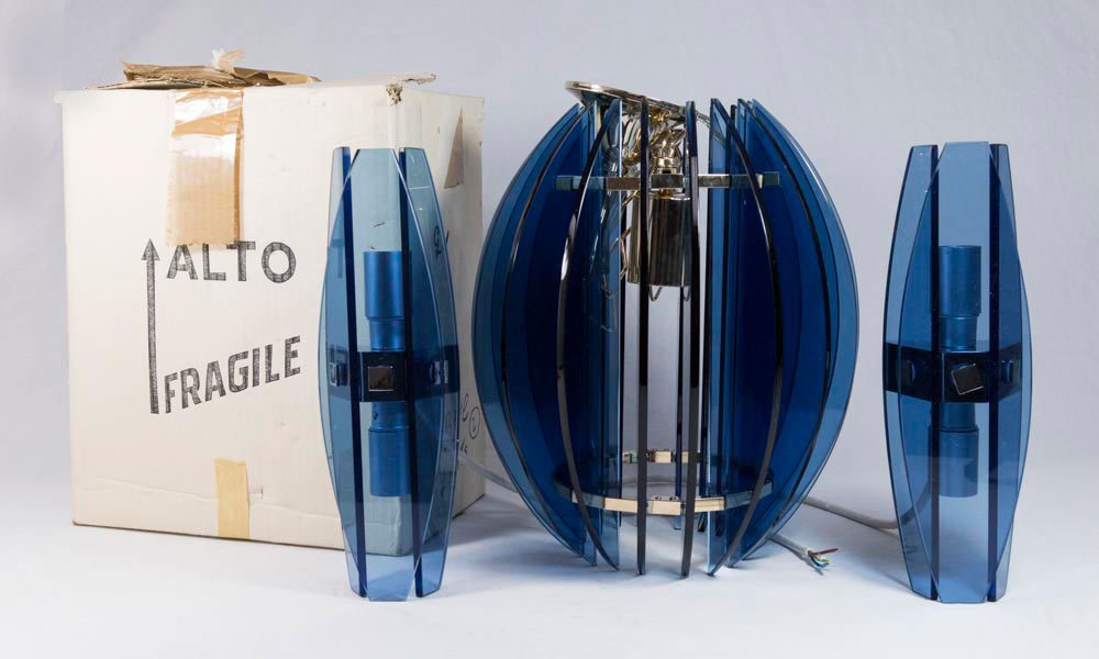 Veca Murano Colored Glass Pendant & Pair Sconces: Circa 1970. Original box. Pendant approx. 12" H. Sconces approx. 11" H.