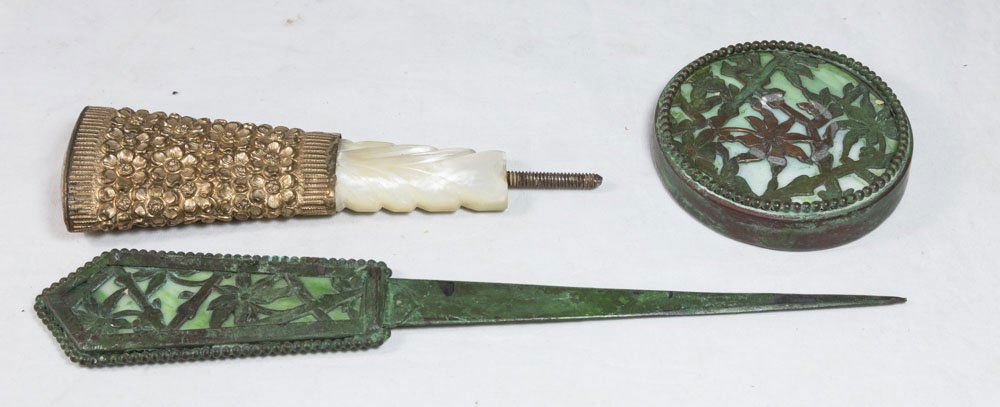 2 Piece Apollo Studios Desk Set & Cane Top: Including letter opener and paperweight. Mother of pearl & gilt metal cane top. (4161)