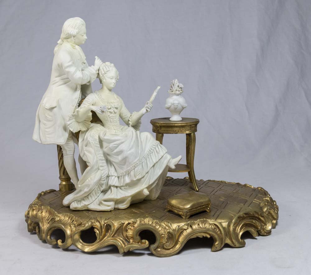 Parian Grouping of Aristocratic Couple: Sèvres mark. Gilt Bronze mounted. Approx. 9 3/4" H x 12" W. Old restorations.