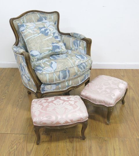 French Provincial Walnut Bergère & Pair Footstools (1 of 3)