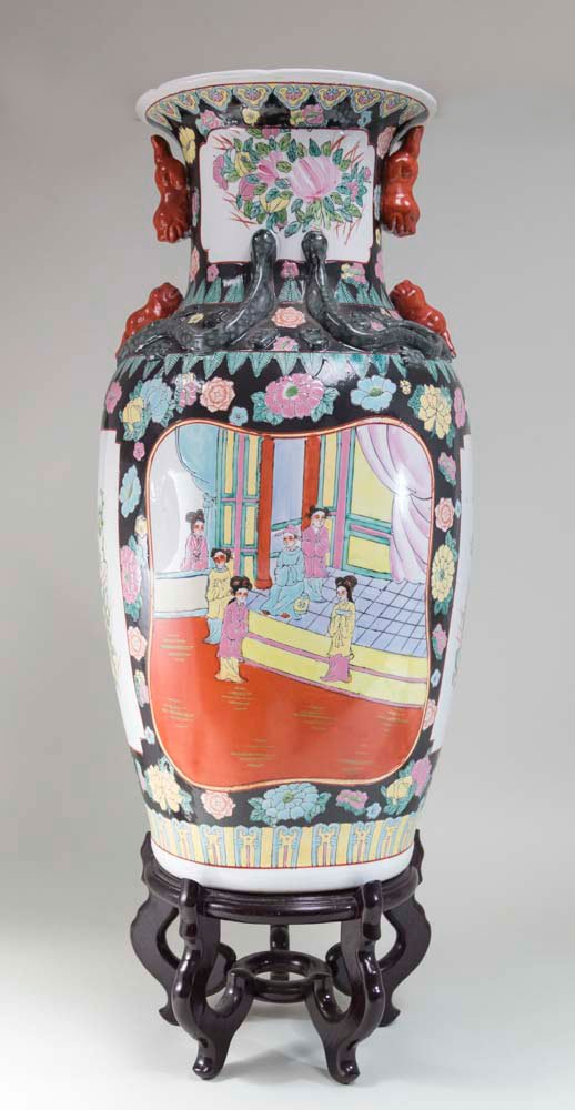 Chinese Porcelain Vase with Stand: Approx. 24" H without stand. Stand approx. 6" H. From a Parlin, NJ estate.