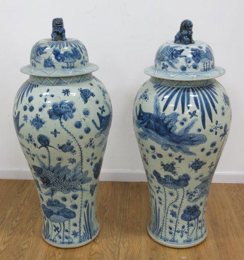 Pair Large Chinese Blue & White Porcelain Urns (1 of 3)