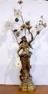 GILT WHITE METAL FIGURAL LAMP OF LADY: LAMP. GILT WHITE METAL FIGURAL LAMP OF LADY SGND. AUG. MOREAU APPROX. 46" H
