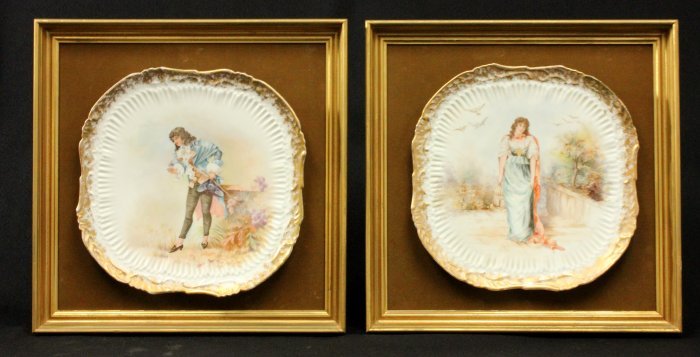 Pair Framed Porcelain Plates, Man and Woman (1 of 5)