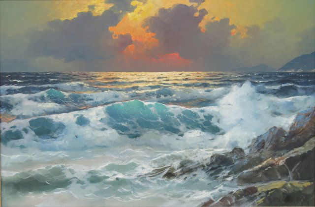 Alexander Dzigurski, Seascape: Oil on canvas. Signed lower right. Alex Dzigurski, American (1911-1995). Approx. 24" H x 36" W sight, 31" H x 43" W framed.