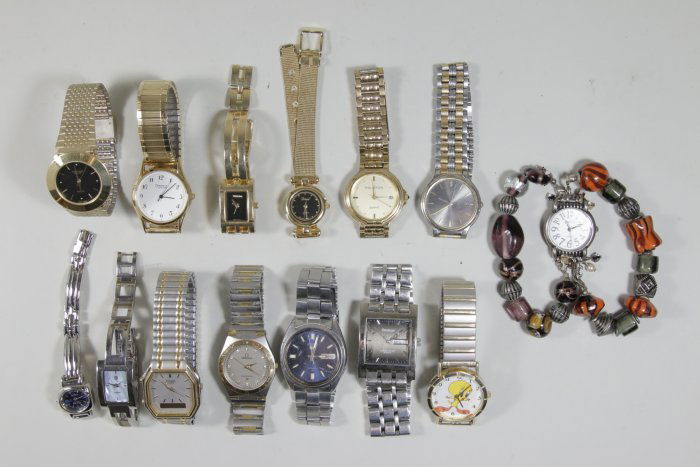 Lot Vintage Watches: Including Pulsar, Omega style, Halston, Seico Automatic, Armitron, and others. 13 watches total. (4196)
