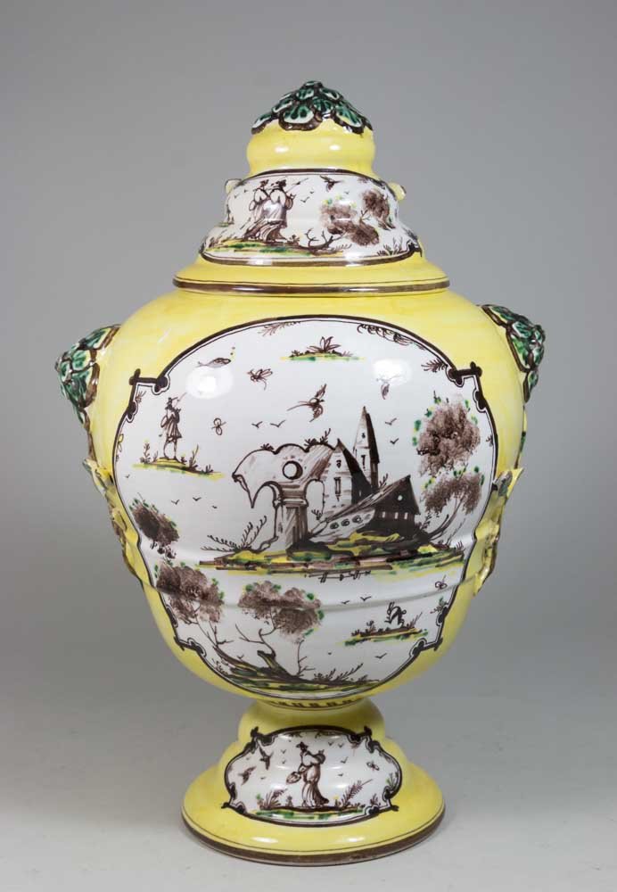 Savona Yellow Vase with Lid: Faience. Orb mark. Initials of painter Augustino Levantino. Approx. 14" H.