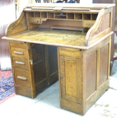 American Oak S-Roll Desk with Full Interior: Approx. 43 1/2" H x 44" W x 29 1/2" D.