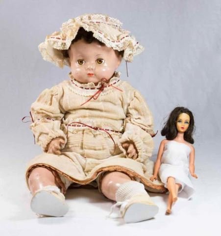 Twist 'N Turn Francie & Effanbee Composition Doll: 1966 Twist 'N Turn bendable knee Francie, Mattel, made in Japan. Francie doll shows wear consistent with use and age. Effanbee doll surface cracking up.