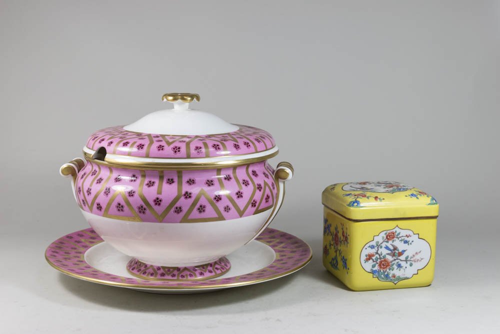 Tiffany and Co. Covered Casserole: With under plate and covered porcelain box. Casserole approx. 10" H x 12" W. From a Manhattan Estate.