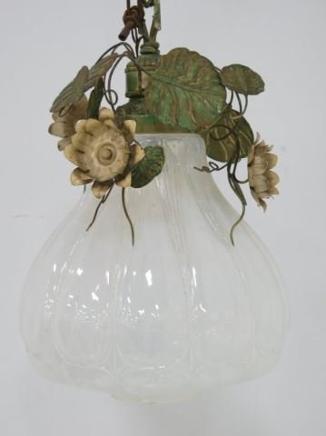 Glass & Tole Chandelier: Leaf and fruit shape. Approx. 23" H x 15" W.