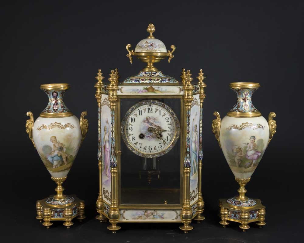 3 Pc Bronze Cloisonné & Porcelain Sevres Clock Set (1 of 9)