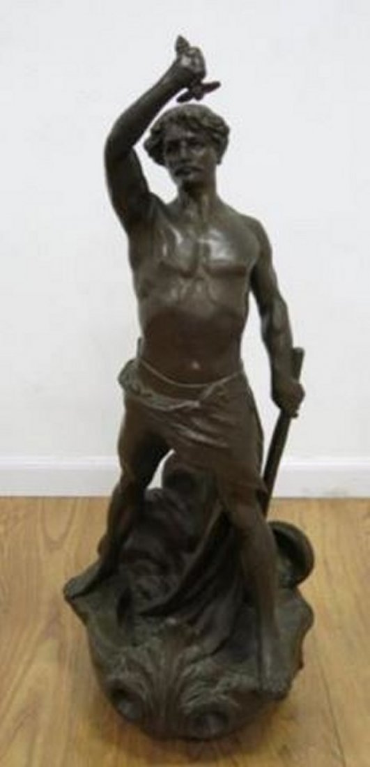 Bronzed White Metal Figure with Sword: Artist signed with foundry mark. Approx. 37" H. Blade missing.