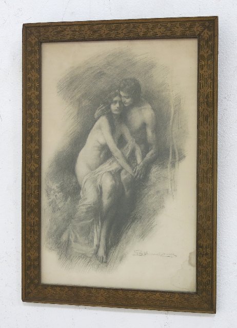 Lee Woodward Zeigler, Young Lovers: Charcoal on paper. Signed lower right. Lee Woodward Zeigler (1868-1952). Approx. 15 1/2" H x 10" W sight, 18" H x 12 1/2" W framed. Stain lower right.