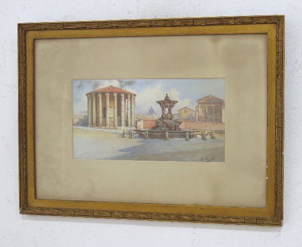 Gaetano Facciola, Roman Ruins: Watercolor. Signed lower right. Gaetano Facciola (1868-1949). Approx. 6" H x 11" W sight, 14" H x 19" W framed. Damages to liner.