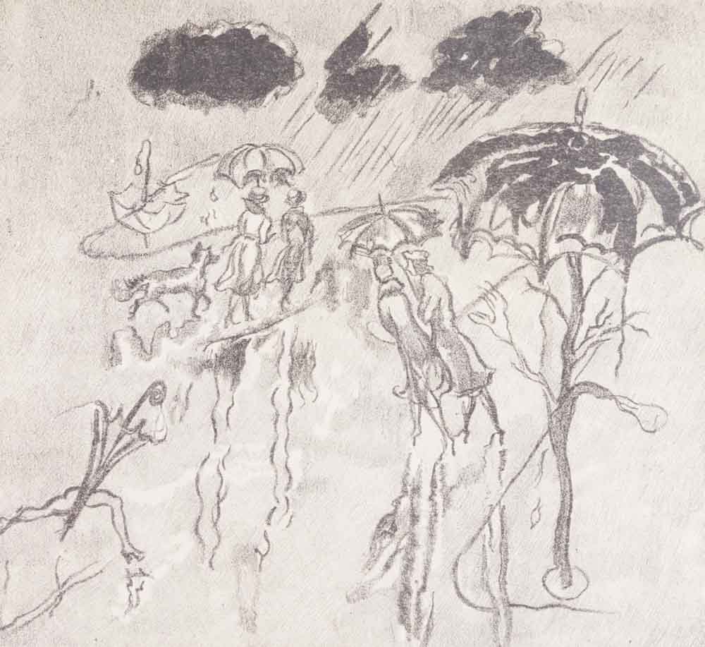 Bertram Goodman, "Rainy": Etching. Pencil signed and dated 1951 lower right. Bertram Goodman (1904-1988). Approx. 7" H x 8" W sight, 15" H x 12" W framed.