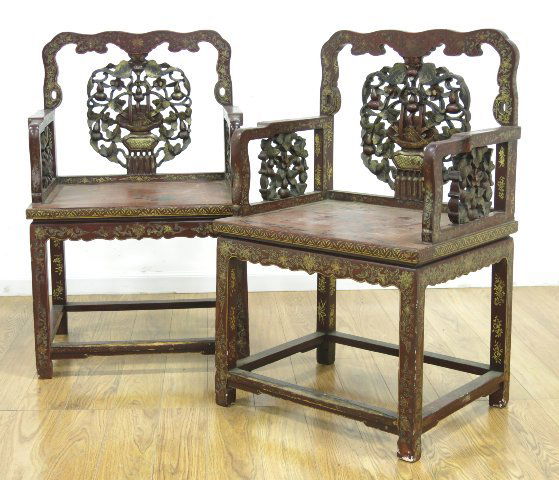 Pair Red Lacquered Chinese Throne Chairs (1 of 4)