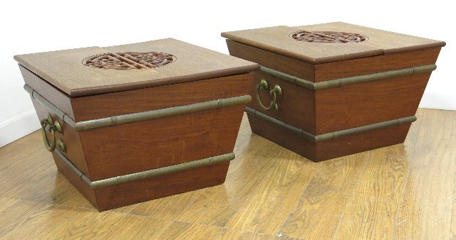 Pair Chinese Wooden Coolers with Inserts: With metal straps. Approx. 13" H x 19 1/4" W x 19 3/4" D.