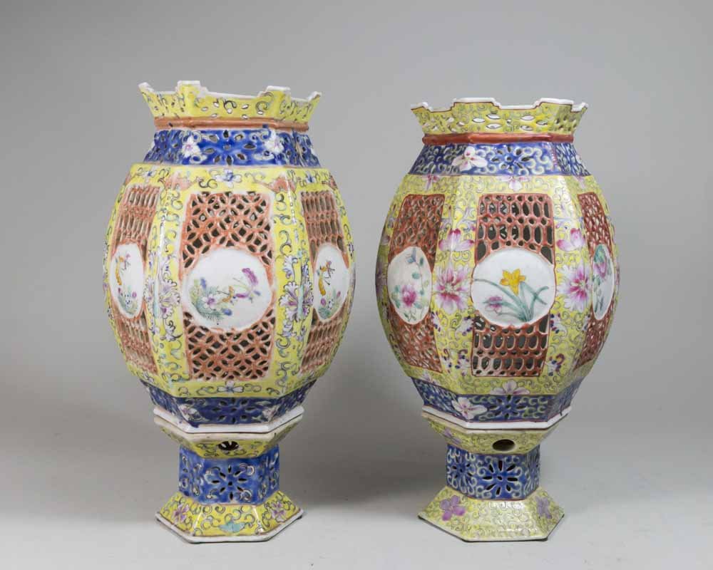 Pair Chinese Famille Rose Porcelain Candle Lamps (1 of 4)