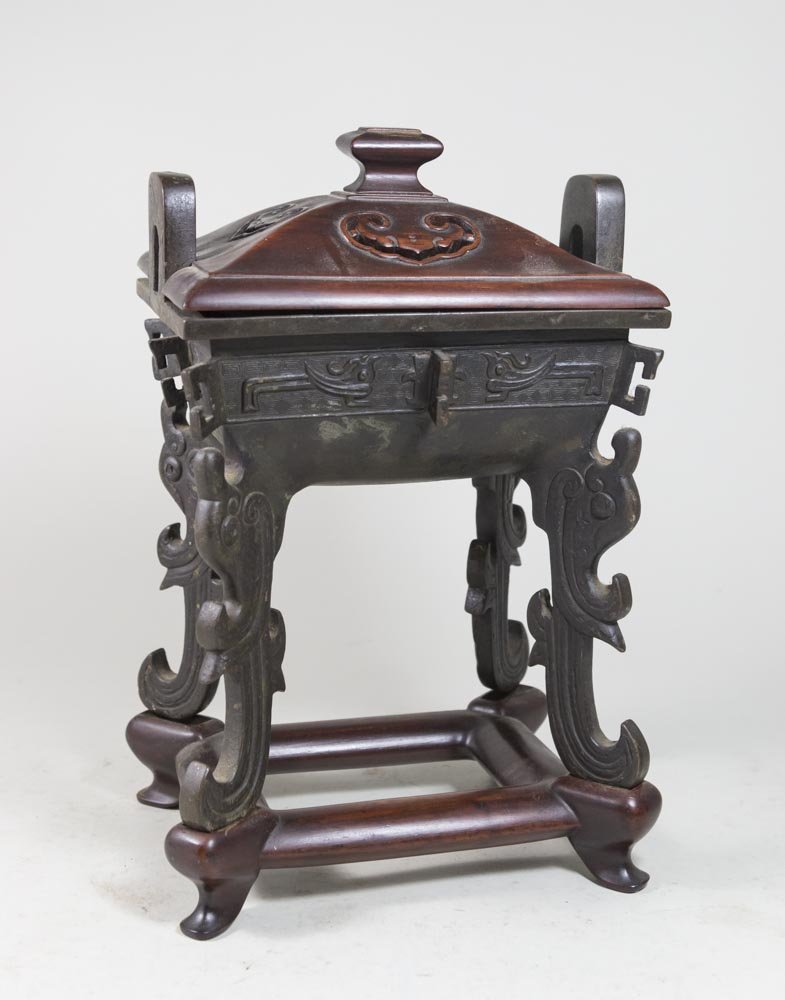 19th C. Bronze Censer w/Covered Wood Top & Base (1 of 2)