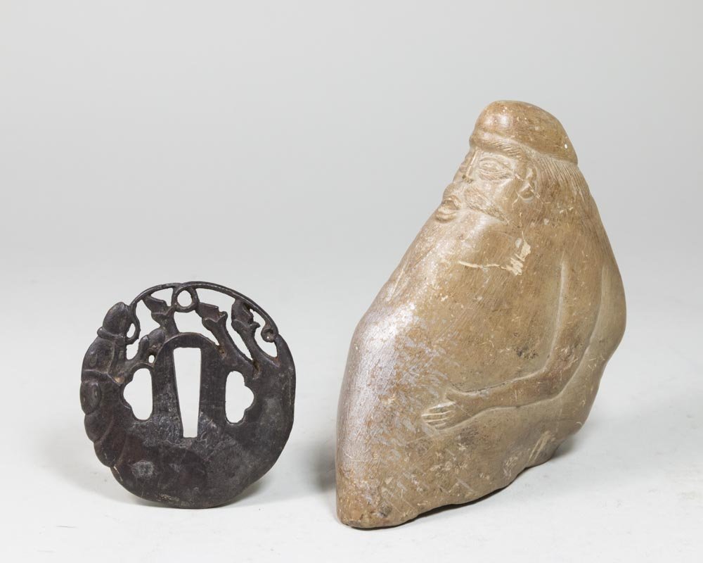 Metal Escutcheon & Chinese Carved Soapstone: Soapstone of a bearded man with whiskers. Disc approx. 2 2/3" D, soapstone approx. 5" H.