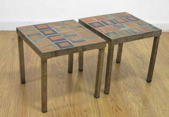 Pair Roger Capron Tile Top Tables: Approx. 12" H x 12" W x 12" D.