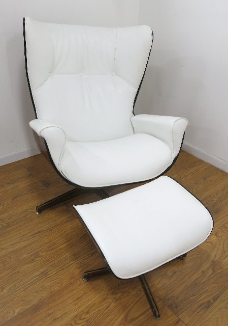 Mulhauser for Plycraft Walnut Armchair & Ottoman: Chair approx. 37 1/2" H x 31" W x 32" D, ottoman approx. 16" H x 23" W x 16" D.