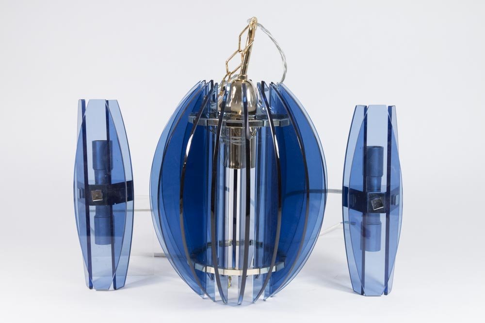 Veca Murano Colored Glass Pendant & Pair Sconces: Circa 1970. Pendant approx. 12" H. Sconces approx. 11" H.