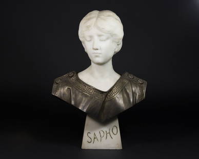 Bronze & Marble Bust of Sappho: Signed on bronze A. Fagioli. Attilio Fagioli (1877-1966). Approx. 15" H. From a Princeton, NJ estate. Crown missing.