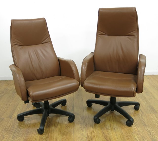 Pair Contemporary Brown Leather Desk Chairs (1 of 4)