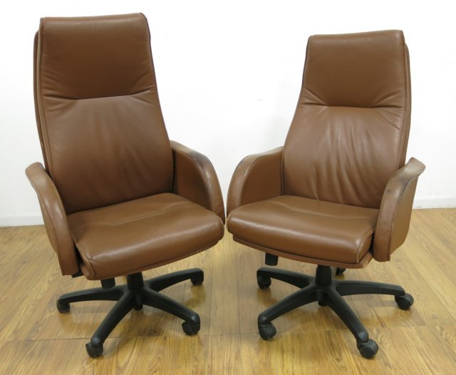 Pair Contemporary Brown Leather Desk Chairs (1 of 4)
