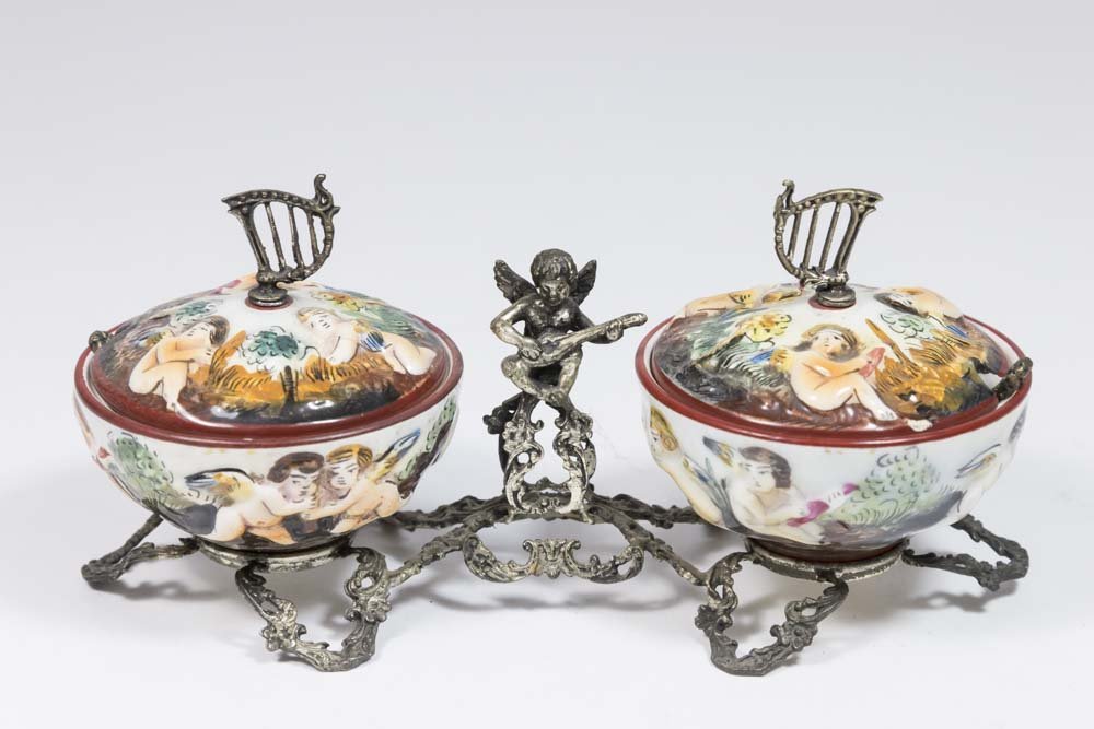 Capodimonte Porcelain Double Salt Cellar w. Spoons (1 of 5)