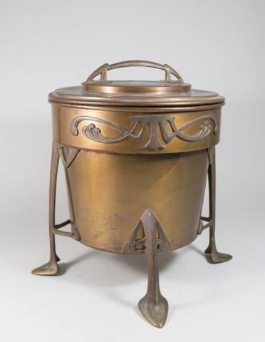 Arts and Crafts Copper & Gilt Brass Footed Cooler: Early 20th century. Approx. 12" H x 11" diameter.