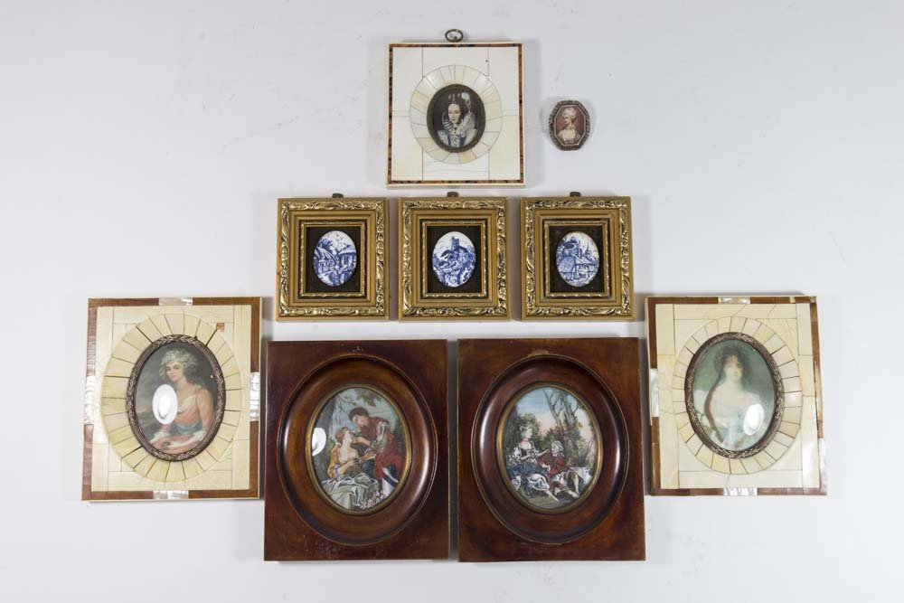 8 Framed Miniatures & 800 Silver Portrait Pin: Pictures include 4 portraits. 2 depict courting scenes. 3 oval porcelain plaques. Largest frame approx. 6" H x 5 1/4" W. 2 bone frames have chips.