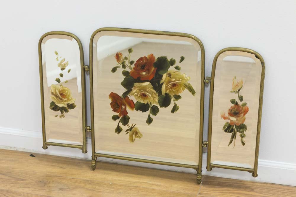 Mirrored Floral Painted 3-Section Fire Screen (1 of 3)