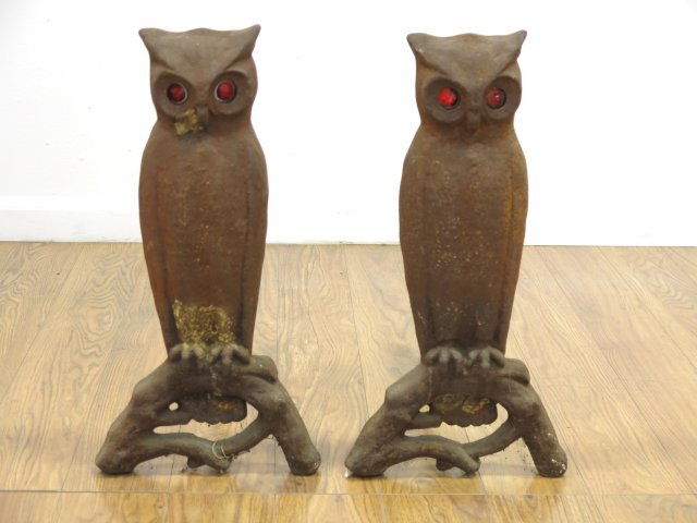 Pair Cast Iron Owl Form Andirons: Approx. 21" H.