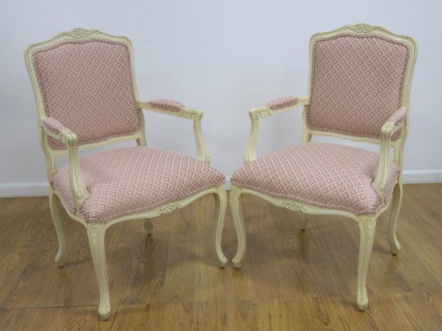 Pair Paint-Decorated French Style Carved Armchairs (1 of 2)