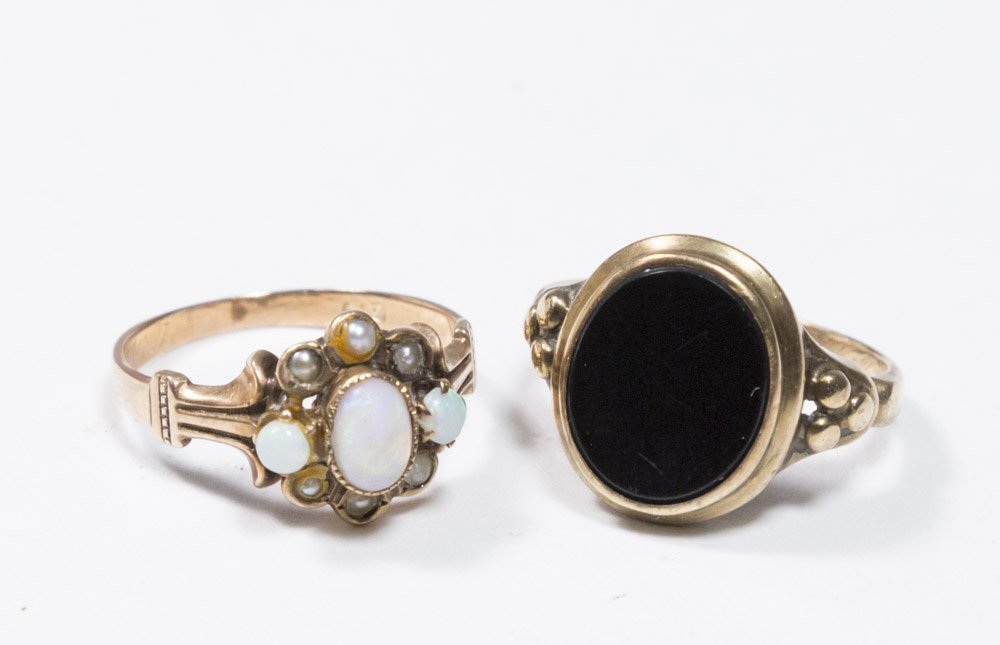 2-10K Gold Rings: One with onyx, the other with opals and seed pearls. Circa 1900s. (5006)