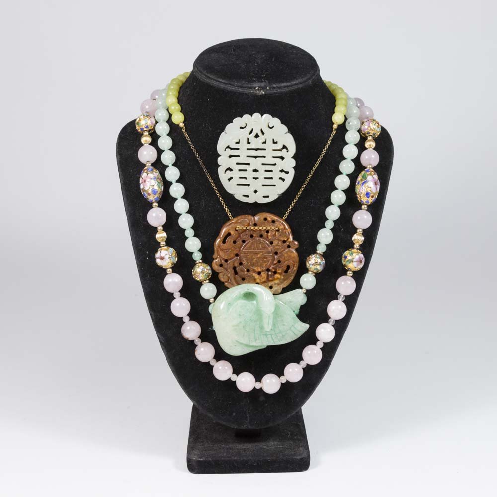 3 Chinese Beaded Necklaces & Carved Jade Pin (1 of 5)