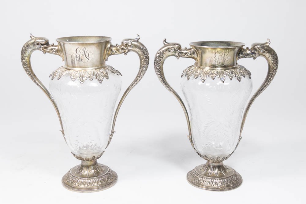Matched Pair of Black Starr & Frost Vases: Sterling silver and cut glass. Monogrammed. With figural handles. One approx. 6 1/2" H, the other approx. 6 7/8" H.