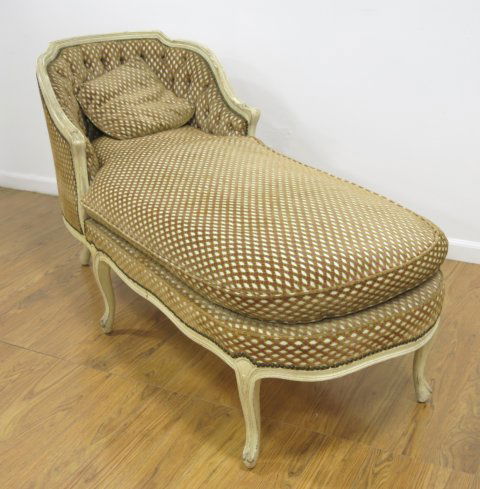 Louis XV Style White Painted Chaise Longue: Upholstered in cut velvet. Approx. 33 1/2" H x 25 1/2" W x 60" L.