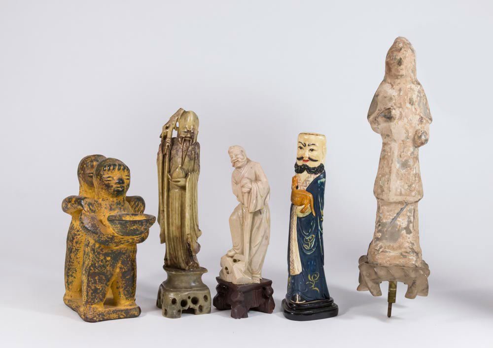 5 Asian Figures: Including soapstone, bone, terracotta, and ceramic. Largest approx. 12" H.